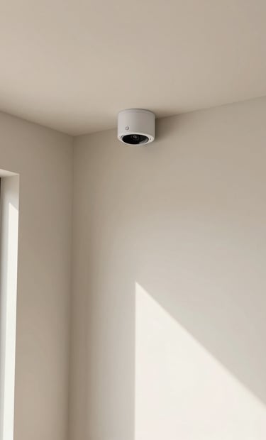 Sleek motion sensor installed in the corner of a high-ceiling room with soft off-white walls, natural light filtering in, modern South American / Brazilian architectural style.