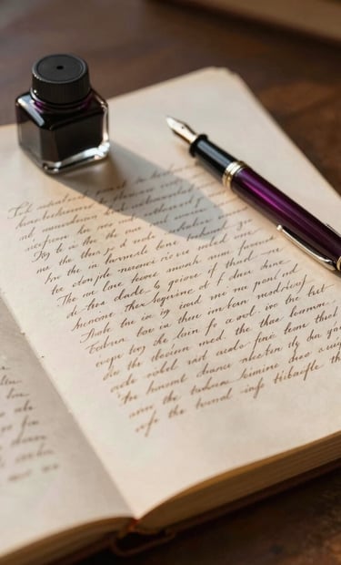 A detailed still-life photography of a heavy cotton paper manuscript with elegant cursive handwriting. A Warm Sunset Ochre inkwell and a Deep Plum Twilight fountain pen sit nearby. The composition is spacious and scholarly, captured in a quiet International / Western library setting with soft light.