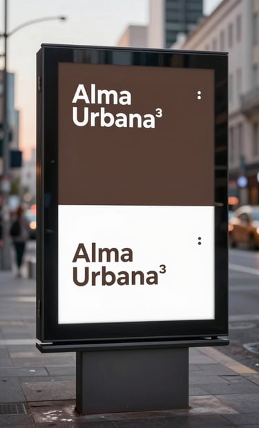 A cinematic, spontaneous medium shot of a digital billboard in a clean urban environment showing the 'Alma Urbana' campaign. The lighting is early evening, with a palette of #3A3F3B and #F8F6F2. Professional and sophisticated mood.