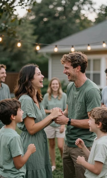 A candid photography shot of a family event in a North American / US backyard. People are laughing under warm string lights. The composition is artistic with a shallow depth of field, highlighting the heartfelt connection. Tones of Sage Green and Stone dominate the environment.