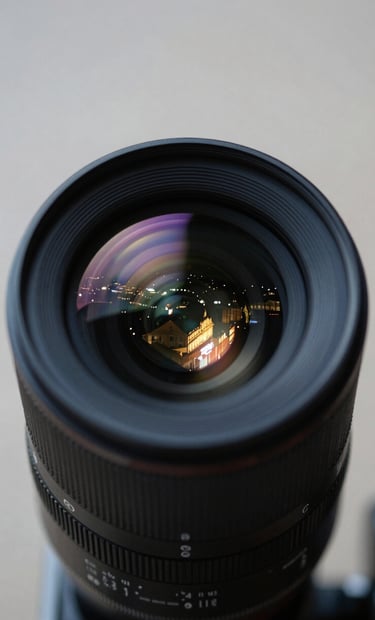 A close-up of a high-end cinema camera lens reflecting the subtle city lights of Bordeaux at night, #0A0A0A and #2C3E50 tones, shallow depth of field, premium minimalist aesthetic.