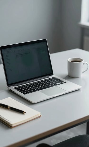 A clean, modern office desk with a laptop, a notebook, and a coffee mug. The lighting is soft and professional, using a mist gray and steel teal palette.