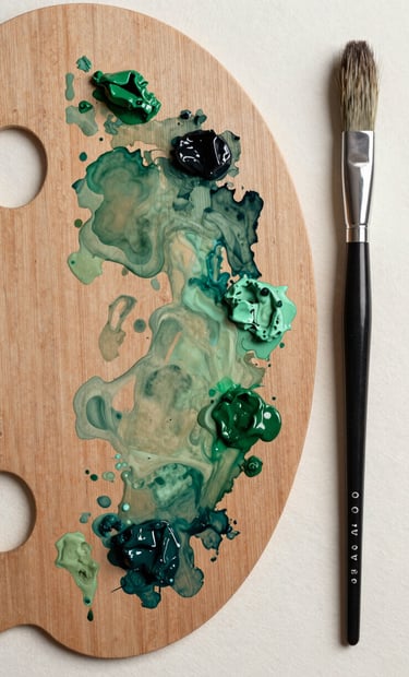 A top-down view of a wooden artist palette with smears of sage green and dark forest green watercolor paint, next to a high-quality squirrel-hair brush on textured off-white paper.