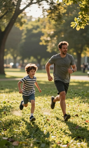 A candid shot of a father and son running through a sun-drenched park, captured in motion. The lighting is bright and warm, emphasizing a sense of freedom and authenticity. The environment is lush but bathed in the golden almond light of evening.