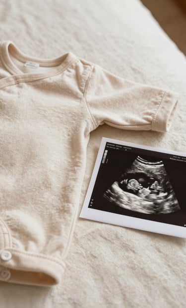 A close-up artistic shot of a newborn's first outfit and a sonogram, laid out on a cream-colored linen surface in a South American / Brazilian home. The lighting is soft and natural, emphasizing the textures and the brand's soft beige and off-white tones.