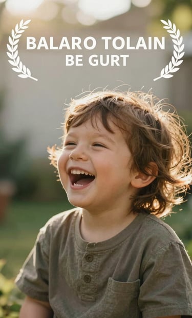Cinematic photography of a small child laughing in a sun-drenched garden. Soft golden oak light catching the hair, shallow depth of field with a soft off-white blurred background. Natural and warm atmosphere.
