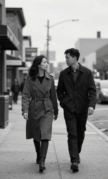 A minimalist black and white candid shot of a couple walking together on a quiet North American city street, soft natural lighting, high-end professional photography style.
