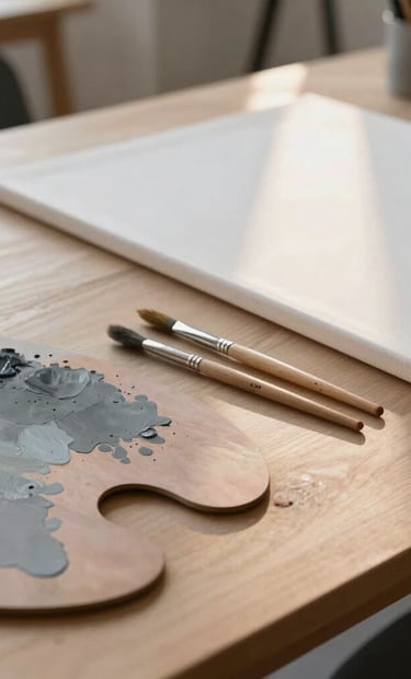 Close-up of a minimalist artist's workspace in a European French studio. A clean wooden table holds a palette with shades of gray and charcoal paint, several fine brushes, and a blank canvas reflecting soft morning light. The atmosphere is serene and orderly.