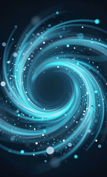 A high-tech digital render of abstract fluid particles flowing in a vortex. The lighting is focused and dramatic, featuring shades of #8FE3F5 and #4A6B8A against a deep #0d1026 background, emphasizing motion and precision.