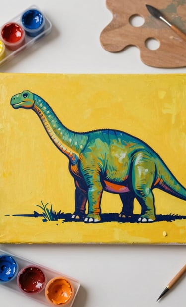 A high-angle shot of an artist's palette covered in #1F3A4B, #D87D51, and #C6B29B acrylic paints next to a finished painting of a Brachiosaurus in a bold, pop-art style.