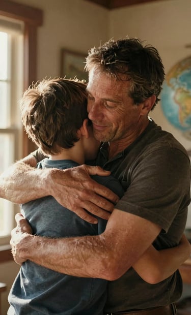 A candid, tight portrait of a father and son sharing a genuine hug in a Western / Global home setting. The light from a nearby window is warm and sun-drenched. The style is cinematic and authentic, focusing on the human connection.