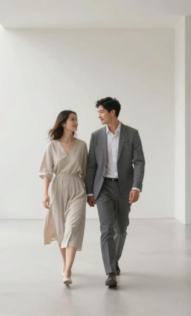 Artistic portrait of a couple walking through a minimalist architectural space with clean lines and soft lighting, incorporating the palette colors #FDFDFD and #A39E97.
