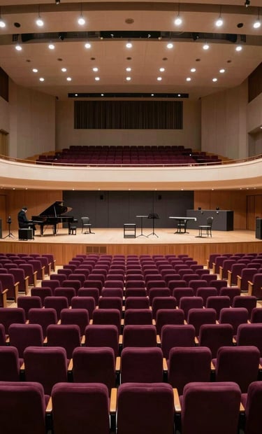 A wide-angle shot of a grand concert hall prepared for a performance. The empty seats are a deep muted plum color. On stage, dark charcoal equipment is precisely arranged under soft off-white spotlights, creating an atmosphere of professional polish and anticipation.