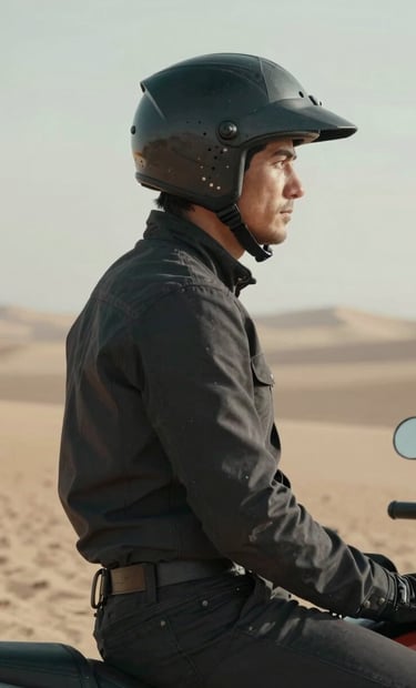 A candid portrait of a rider in Global / Western gear, helmet off, looking out across the vast desert landscape. The lighting is soft and natural, emphasizing a contemplative, storytelling mood. The rider wears dark charcoal attire.