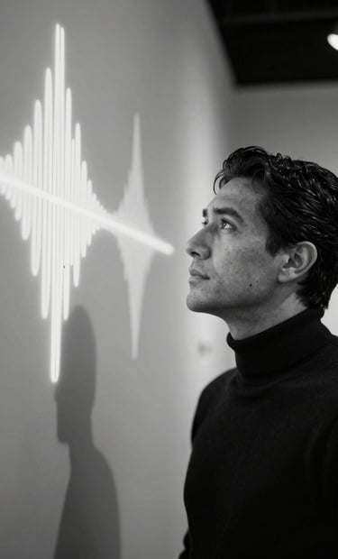 Artistic black and white portrait of a man in a black turtleneck, looking thoughtfully at a sound wave projection on a wall. North American / Mexican context, cinematic lighting, elegant and professional.