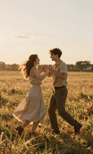 A cinematic wide shot of a young couple dancing spontaneously in a sun-drenched meadow. The lighting is warm golden hour, casting long shadows. The mood is authentic and joyful. The color palette includes soft golds and earthy browns inspired by #AD7B5B.