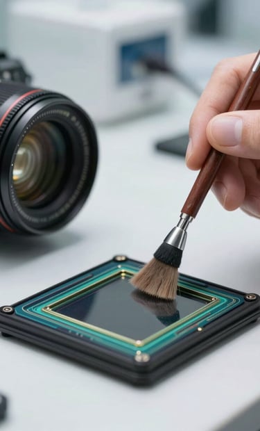 Detailed view of a camera sensor being meticulously cleaned with a specialized swab in a clean, modern lab setting, soft white lighting, high-tech and precise service environment.