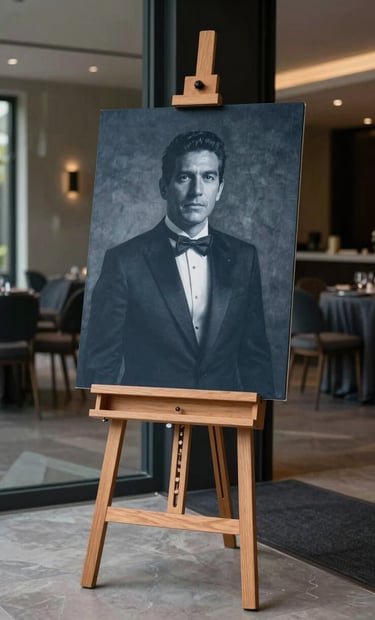 A high-quality photography shot of a large, elegant entrance portrait on a professional wooden easel, placed in a modern South American / Colombian event hall. The lighting is sophisticated, highlighting the deep charcoal and slate blue tones of the room decor.