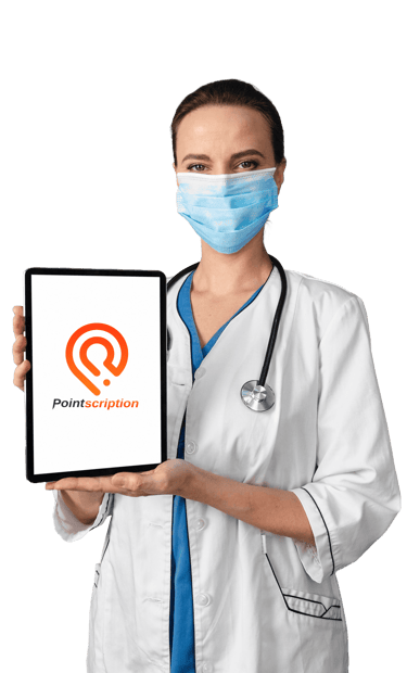 Doctor holding-ipad -with pointscription-logo