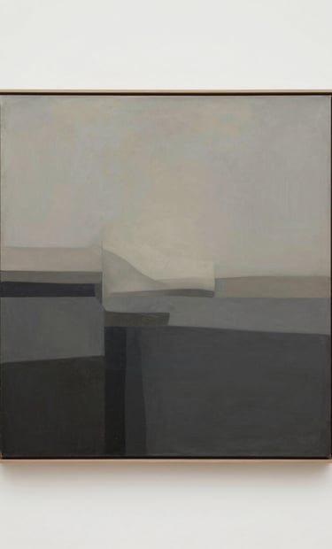 A sophisticated abstract landscape painting in muted shades of #5F5B54 and #CFC8B7, evoking a sense of calm and luxury, presented in a minimalist frame against an off-white gallery wall.