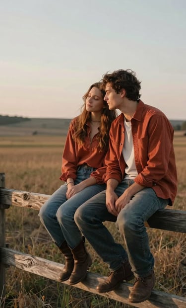 A young couple sitting on a wooden fence in a North American / General Western rural setting, leaning their heads together. Cinematic lighting, warm terracotta accents in their wardrobe, and a peaceful atmosphere.