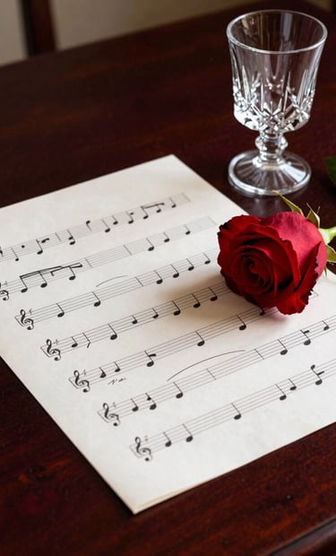 A close-up photograph of elegant sheet music, a single long-stemmed rose, and a crystal glass on a dark plum mahogany desk in a North American / US home studio. The lighting is soft, artistic, and emphasizes textures of paper and petals.