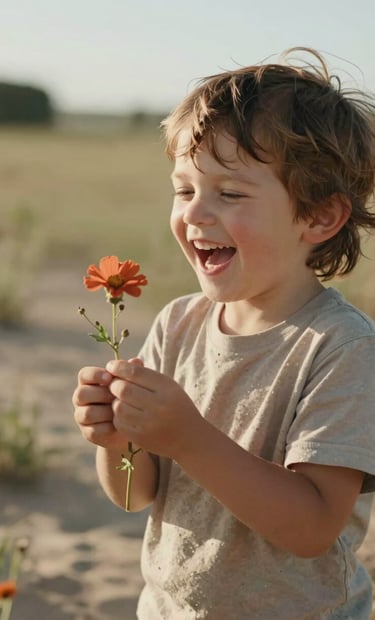 A candid lifestyle shot of a young child laughing while holding a terracotta colored wildflower, sun-drenched outdoor setting in a soft sand meadow, cinematic and warm.