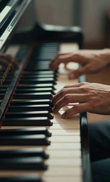 A close-up of Lyan Galindo's hands resting on ivory piano keys, captured in a warm, sophisticated light. The mood is one of peace and triumph. The surrounding environment features deep #1A2D3A shadows and a soft #91AA9D glow on the wooden surface of the instrument.