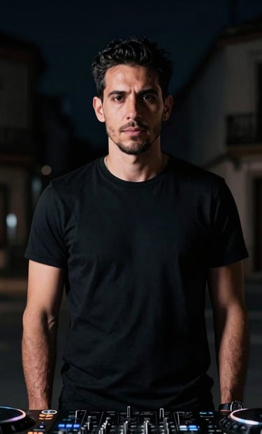 A minimalist, low-key artistic portrait of a professional DJ in a Spanish / Latin American urban setting at night. Only edges are defined by soft platinum backlighting. Deep obsidian background, sophisticated and solid professional presence.