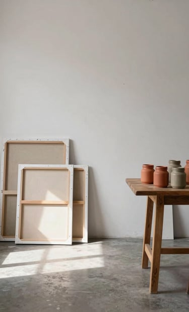 A detailed, wide shot of a minimalist artist studio in Buenos Aires. Canvases are leaned against walls, with jars of raw pigments in soft terracotta and earthy taupe organized on a wooden table. Natural light spills across a concrete floor, creating a professional and contemplative South American / Argentine artistic atmosphere.