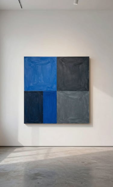 A wide shot of a finished art piece installed in a modern International / Urban Art Scene loft. The painting features vibrant blue and deep slate grey tones, contrasting against a minimalist soft off-white wall. Architectural shadows fall across the scene.