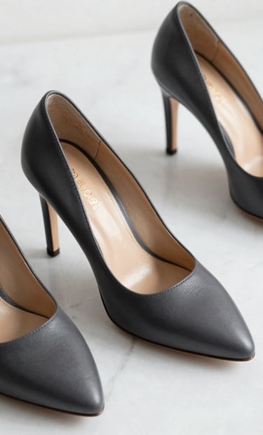 Detail photography of premium leather high heels in a dark charcoal grey shade, placed on a soft off-white marble surface, minimalist aesthetic with sharp focus, reflecting a luxury North American / Western European style.
