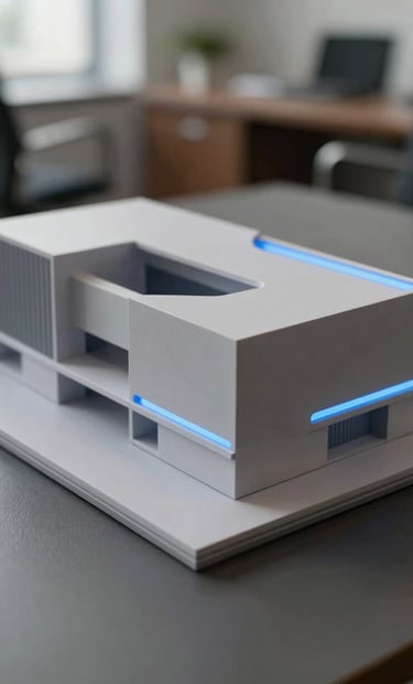 A close-up photograph of a sleek architectural model made of light gray materials, placed on a dark gray surface, with soft baby blue light accents reflecting off the edges, professional studio lighting, South American / Brazilian design office context.