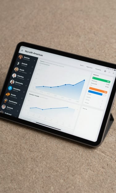 A modern tablet placed on a tan textured surface, displaying a social media campaign performance dashboard with rising graphs and positive engagement metrics. North American / Professional context.