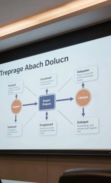 A digital presentation screen in a professional Southeast Asian / Indonesian hall, showing a successfully completed project roadmap. The lighting is sophisticated, emphasizing a clean and premium user experience.