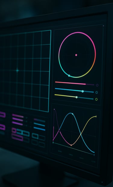 Close-up of a high-end editing monitor showing a digital grid and color grading interface, sharp focus on neon UI elements in magenta and cyan, technical studio atmosphere, East Asian / Korean urban.