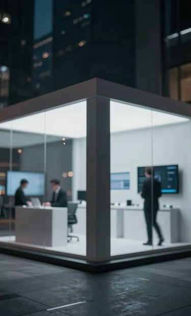 Editorial lifestyle photography of a sophisticated urban marketing installation at night. Cinematic lighting highlighting the intersection of technology and architecture. Muted tones with #111111 shadows and #F0EDE8 highlights. High-end agency aesthetic.