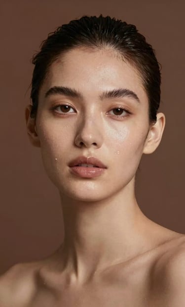 A vertical portrait of a model with a clean, dewy skin look, representing the aesthetics industry. The background is a solid deep matte brown #4B2E2B, creating a sophisticated contrast.