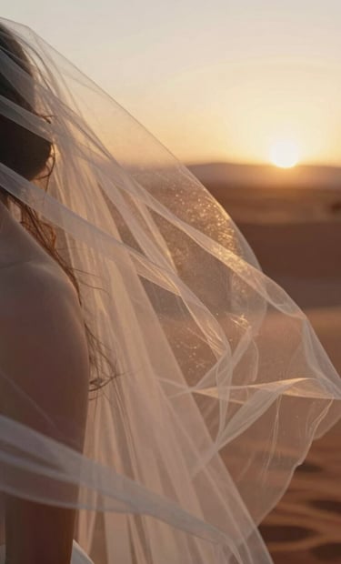 A close-up photograph of a delicate bridal veil caught in a gentle breeze, illuminated by the golden rays of a North American / US desert sunset. The style is cinematic and soft-focus, with hints of terracotta and soft sand in the blurred background.