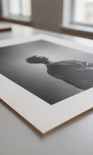 A detailed close-up photography of a high-quality archival art print on heavy textured paper, showcasing the subtle grain and the crisp edge of the print. Soft, natural light from a window in a contemporary Western European studio setting. Minimalism, elegant and editorial mood.