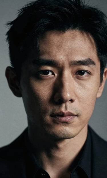 A cinematic close-up headshot of a professional actor with an enigmatic expression. Lighting is dramatic and directional, creating deep shadows (#0F0F0F) and sharp highlights on the skin. The background is a soft, blurred silver-gray (#A8A8A8). High-end film grain texture.