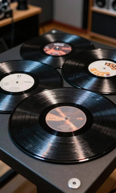 Photography of custom vinyl records with reflective chrome labels resting on a polished black table in a professional North American / US music studio, sharp lighting, sleek aesthetic.
