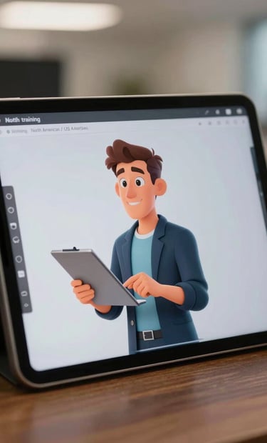 Close-up of a high-resolution tablet screen displaying a cartoon-style professional character used in the training, North American / US office background blurred, soft studio lighting.