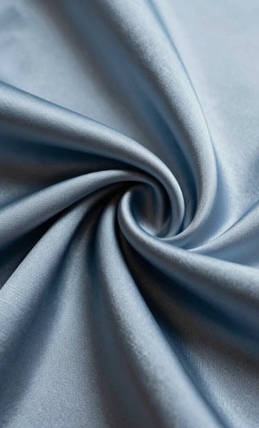 A refined macro photograph of heavy silk fabric textures in slate blue and mist white. The lighting is soft and cinematic, highlighting the elegant weave and professional quality of the material.