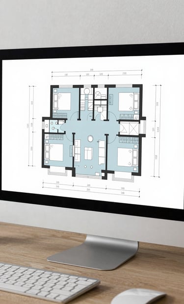 A clean, technical floor plan of a modern residential apartment layout, displayed on a professional monitor. Precision architectural lines, Muted Blue and Pale Mist accents, minimalist and sophisticated Baltic design studio environment.
