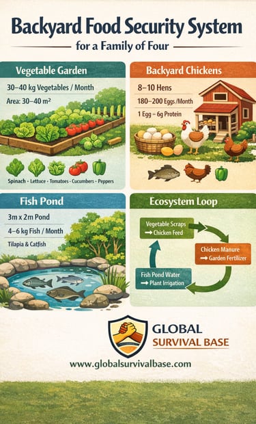 backyard food security system infographic showing how to grow and manage food at home for long term survival