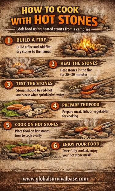 cooking with hot stones survival infographic showing primitive cooking techniques without tools