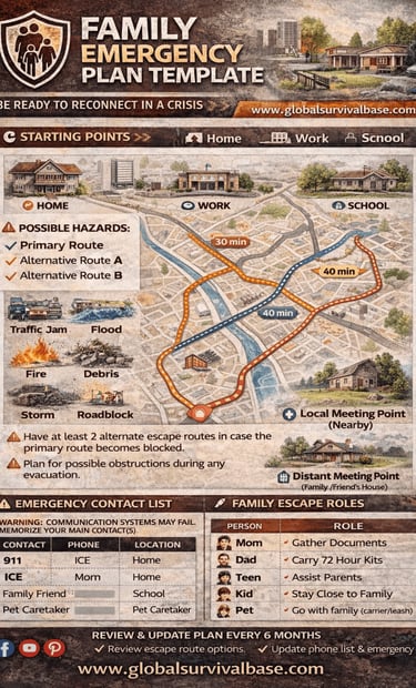 family emergency evacuation plan infographic showing routes meeting points and preparation steps