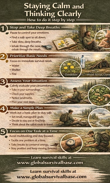 stay calm and think clearly survival infographic showing mindset control in emergencies