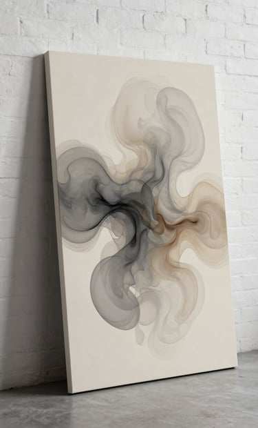 A vertical abstract artwork leaning against a white-painted brick wall in a modern North American loft. The artwork shows ethereal, cloud-like forms in varying shades of warm grey and soft taupe on a cream background. Professional studio photography with high clarity.